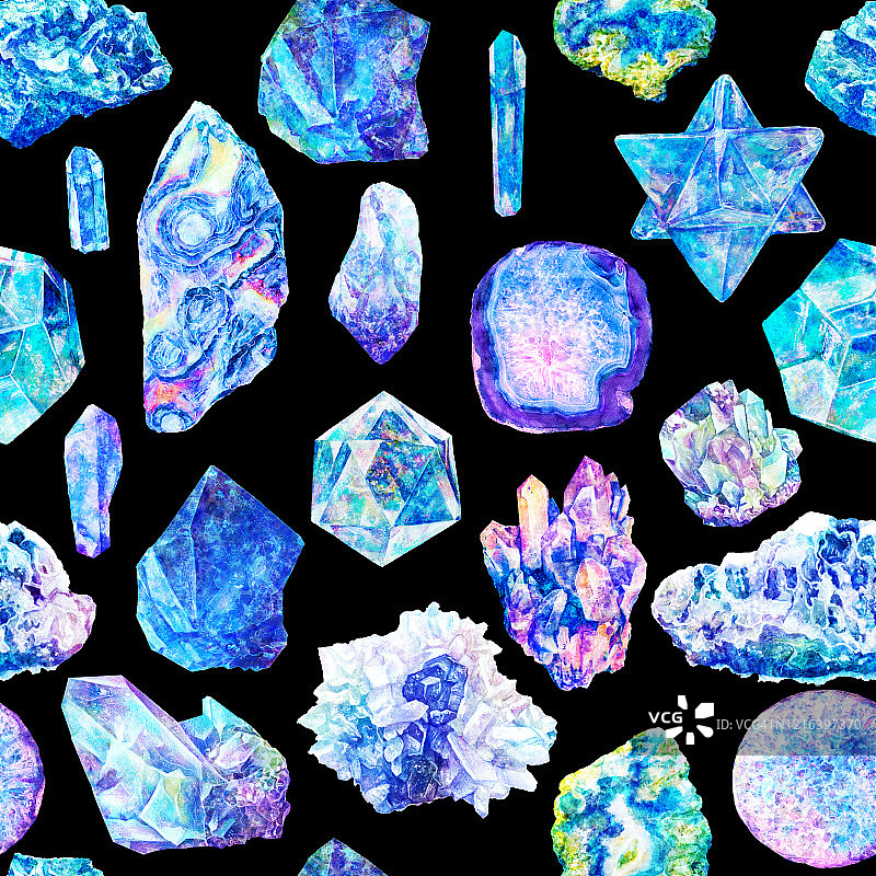 水彩图案与矿物，晶体，宝石，海石在蓝色，紫色，紫色的颜色。无缝大理石重复在黑色背景。鲜艳时尚，时尚生动的五彩纹理图片素材