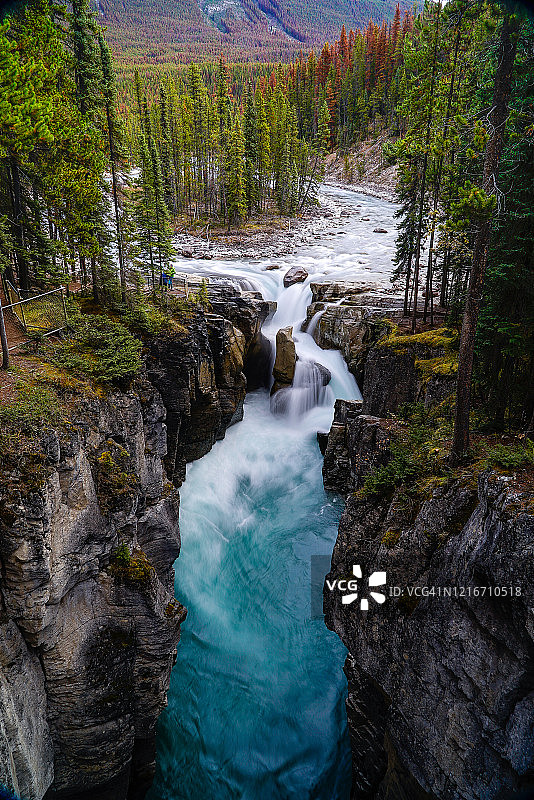 加拿大阿尔伯塔省，贾斯珀，Sunwapta瀑布的蓝色河流图片素材