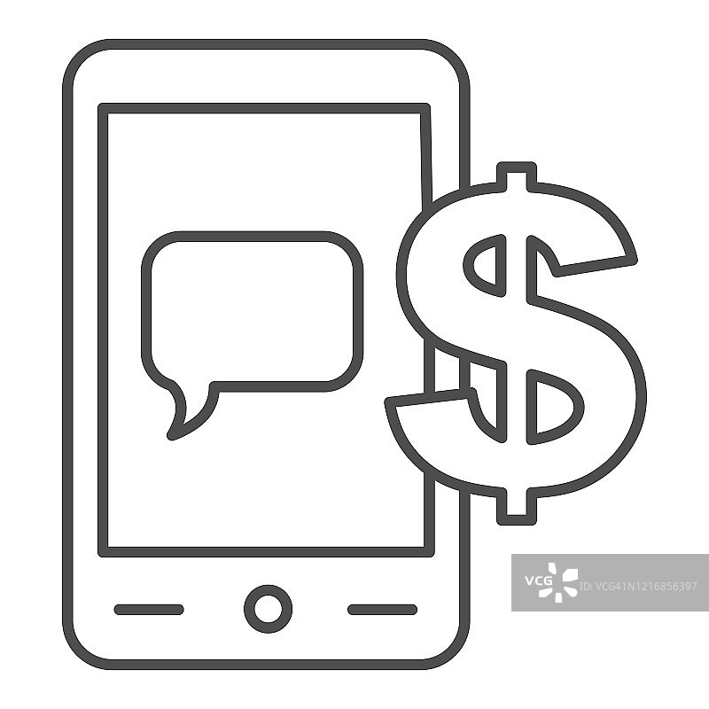 移动支付的细线图标。智能手机带有美元、钞票短信符号、白色背景上的象形文字轮廓风格。商业或金融标志的移动概念，网页设计。矢量图形。图片素材