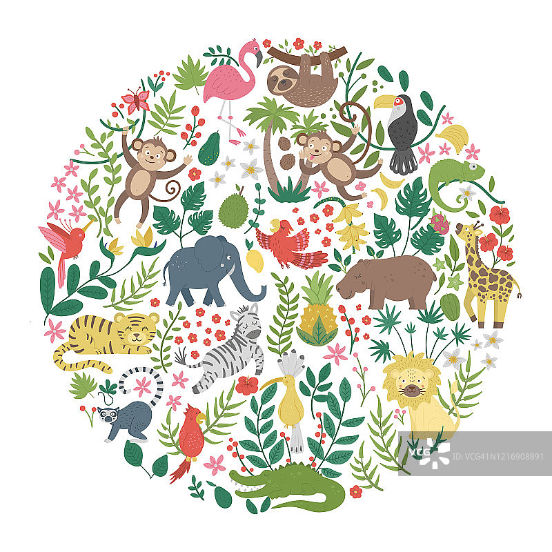 矢量圆形框架与可爱的异国情调的动物，叶子，花，水果孤立在白色的背景。有趣的横幅设计与热带鸟类和植物。丛林夏季卡片模板图片素材