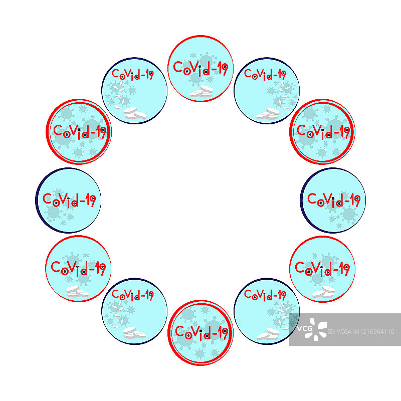 冠状病毒大流行疫情COVID-19。医学图案隔离套圆形符号图标标志表面有病毒分子、抗病毒药片和英文铭文图片素材