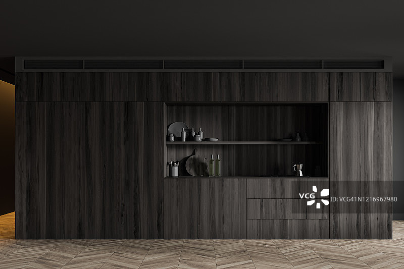 深色木质厨房内部与台面图片素材
