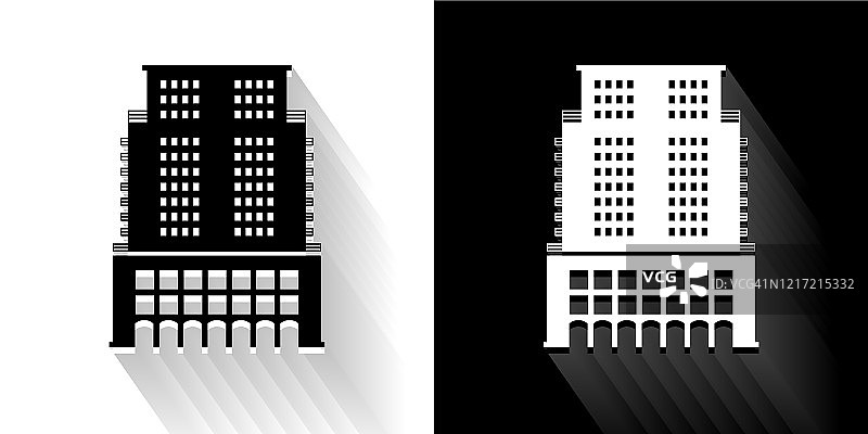 摩天大楼黑色和白色图标与长影子图片素材