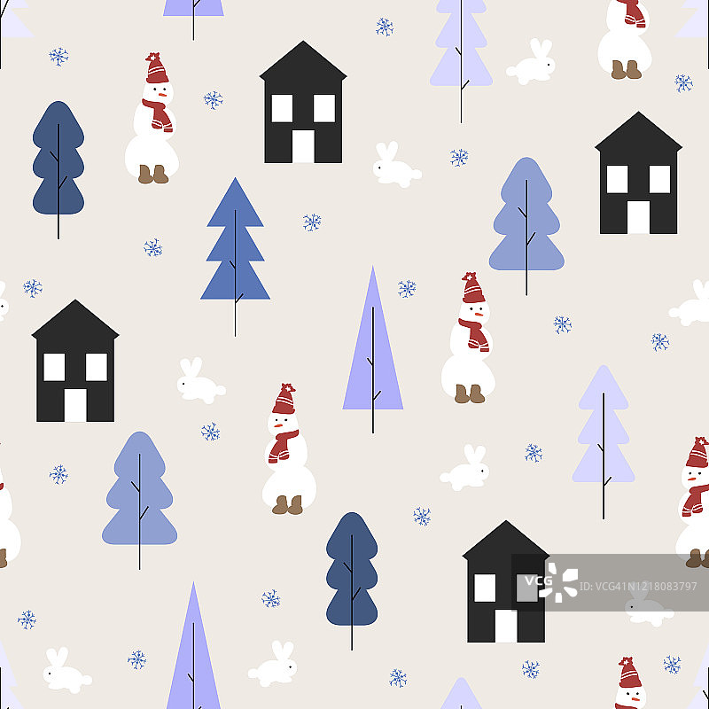 冬天无缝模式。可爱的矢量背景与涂鸦兔子，雪人，雪花和几何房子，杉树。卡通插图在斯堪的纳维亚风格。彩色新年，圣诞墙纸图片素材