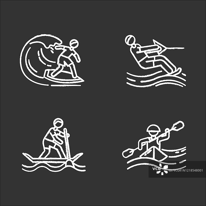 水上运动粉笔图标设置。冲浪、滑水、漂流和冲浪。极限运动。暑假休闲，冒险。海滩活动。孤立矢量黑板插图图片素材