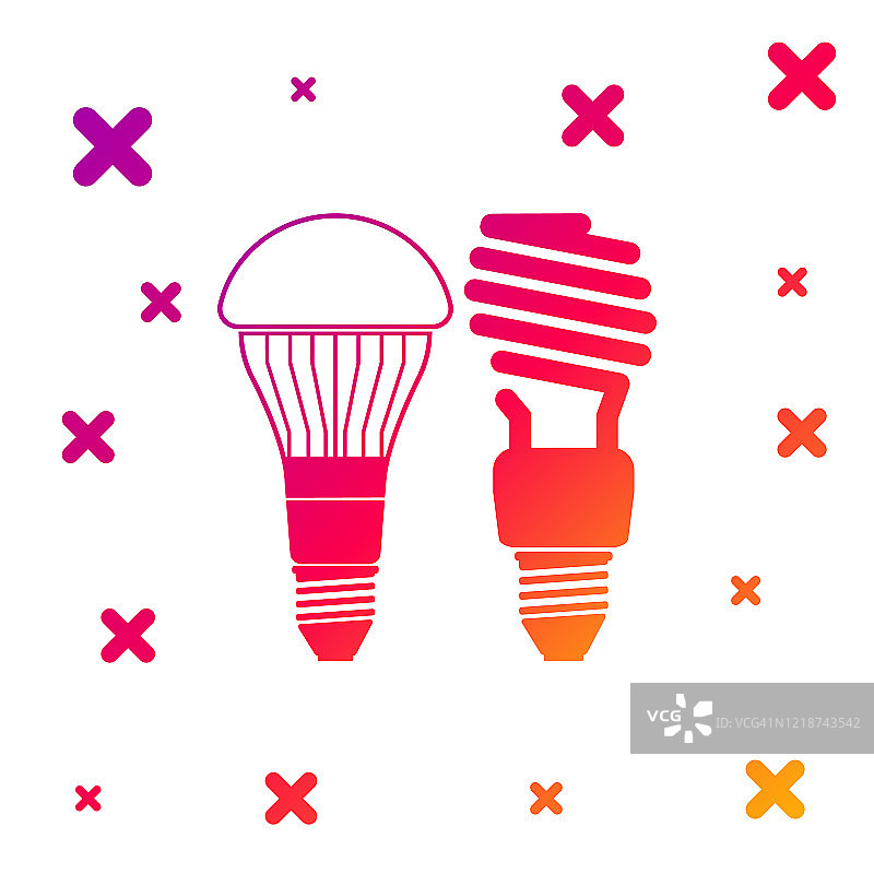 颜色经济的LED照明灯泡和荧光灯灯泡图标隔离在白色的背景。节约能源灯。梯度随机动态形状。矢量图图片素材