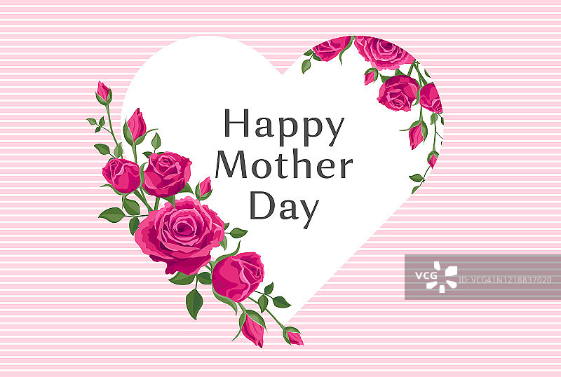 母亲节祝福横幅。矢量卡，海报与美丽的粉红色玫瑰和一个小图案的形状的心。短信母亲节快乐。在社交媒体上用鲜花问候。图片素材