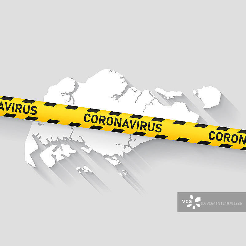 新加坡地图与冠状病毒警告胶带。Covid-19爆发图片素材