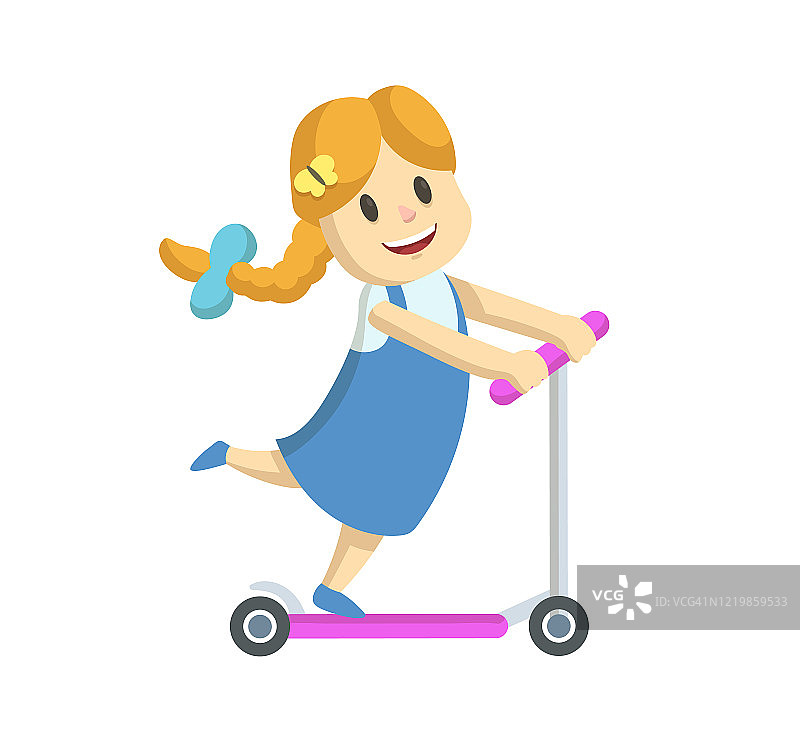 可爱的微笑小女孩穿着裙子在户外骑滑板车。卡通平面矢量插图，孤立在白色背景。图片素材