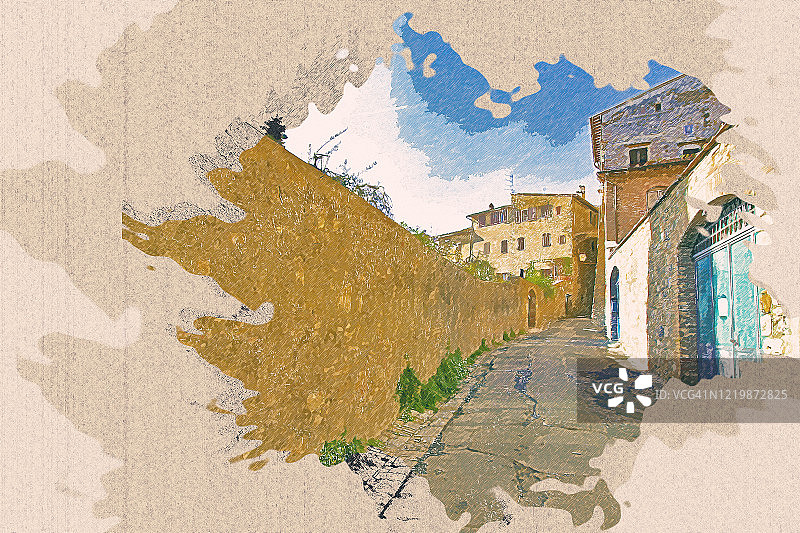 意大利世界文化遗产圣吉米尼亚诺旧城的彩色铅笔画。在棕色的纸上。图片素材