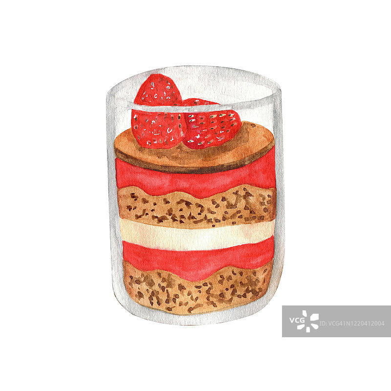 手绘水彩元素草莓甜点贺卡，海报，食谱，烹饪设计。孤立在白色背景上。可爱的彩色夏季插图。图片素材