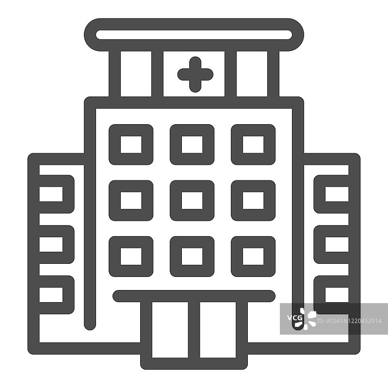 医院建筑线图标。医疗建筑顶部有十字，白色背景上有轮廓式象形图。医疗保健建筑的移动概念和网页设计。矢量图形。图片素材