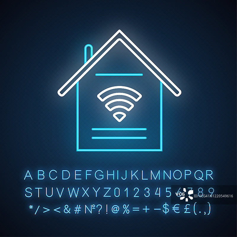 智能家居具有霓虹灯图标。通过互联网处理电器。控制家庭。在室内无线上网。有字母、数字和符号的发光符号。向量孤立的插图图片素材