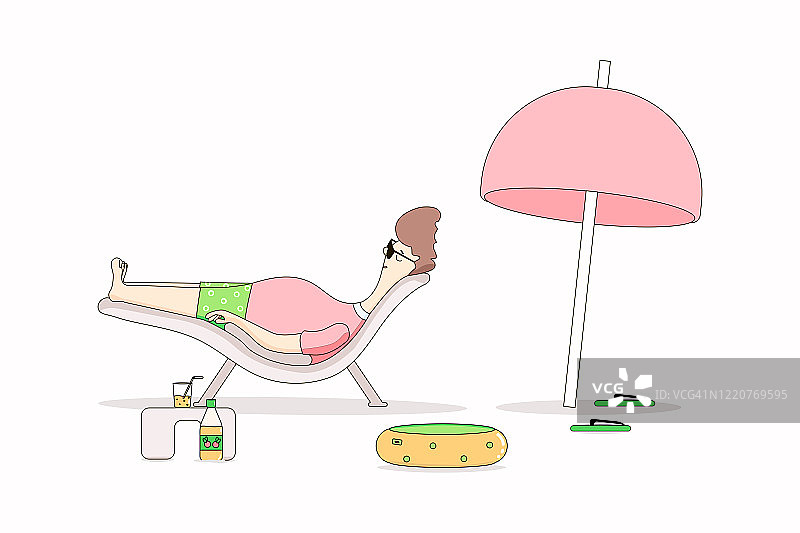 人在度假。那家伙躺在躺椅上晒太阳。旁边是一个瓶子和一个玻璃杯，上面有鸡尾酒和人字拖。矢量图解孤立。海滩度假的概念图片素材