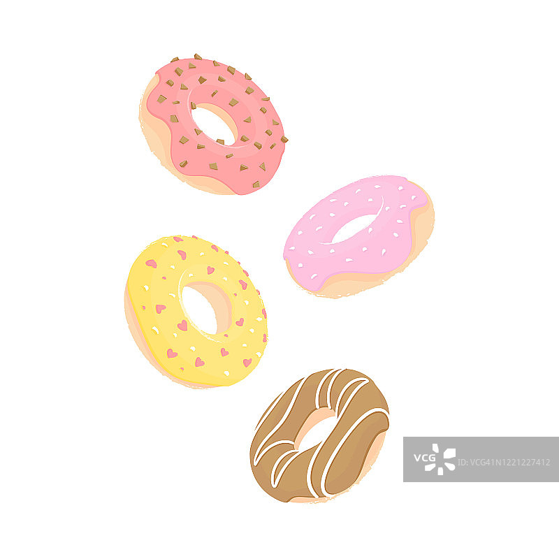 四个甜甜圈，有粉色、黄色、红色和巧克力糖霜图片素材