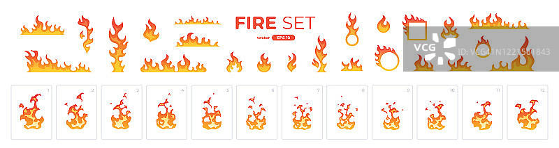 火灾火焰设置隔离。图标。平面风格矢量插图。火焰，火，火炬，篝火。可爱的卡通设计。橙色和黄色。现实的模板。图片素材
