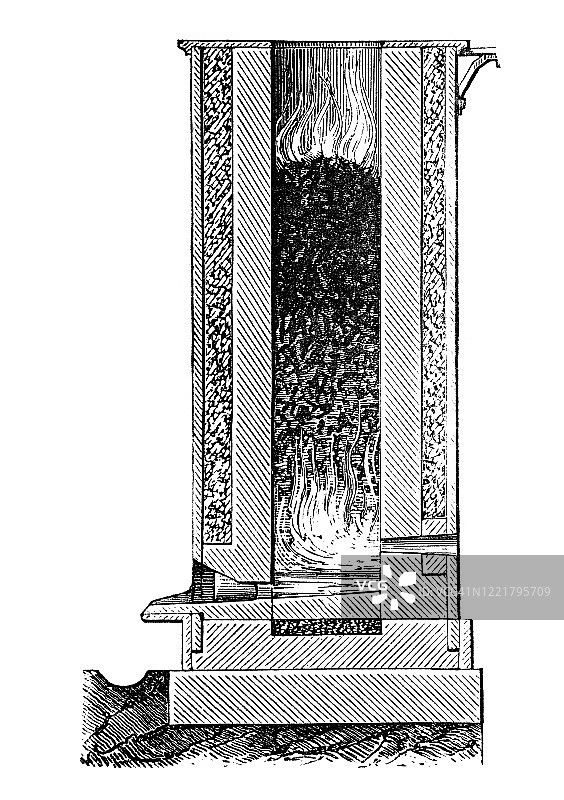 铸铁的古老雕刻插图-熔炼铸铁的冲天炉，流行百科全书出版1894年图片素材