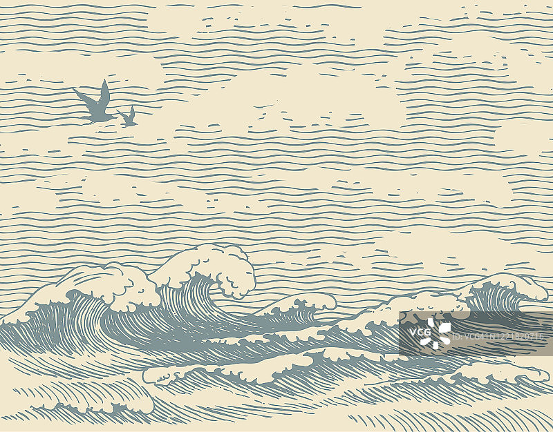 海景与手绘海浪在复古风格图片素材