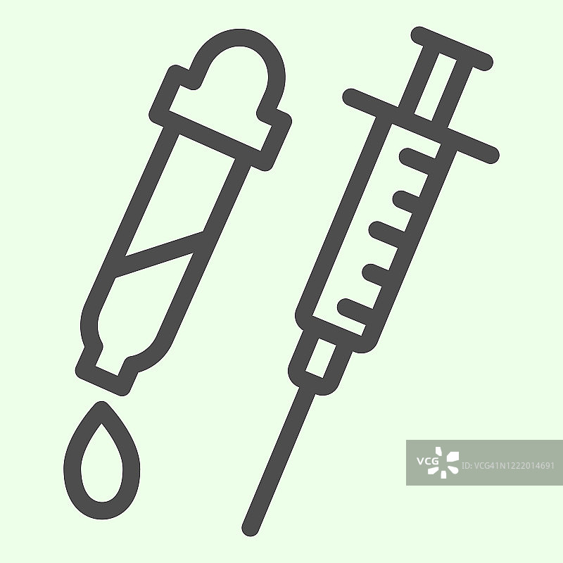 喷射管路图标。用于接种疫苗的医疗注射器和移液管轮廓风格象形图在白色背景上。化学和生物标志的移动概念和网页设计。矢量图形。图片素材