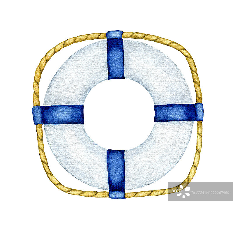 水彩蓝白色救生圈，安全环与绳子隔离在白色背景。救援设备。手绘夏海设计元素图片素材