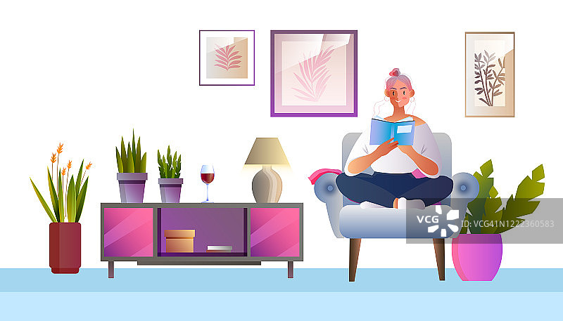 向量室内概念与年轻女性坐在扶手椅上看书。图片素材