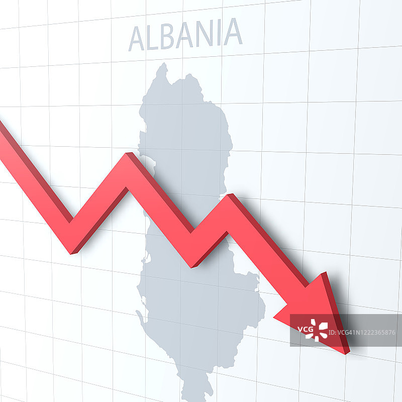 下落的红色箭头，背景是阿尔巴尼亚地图图片素材