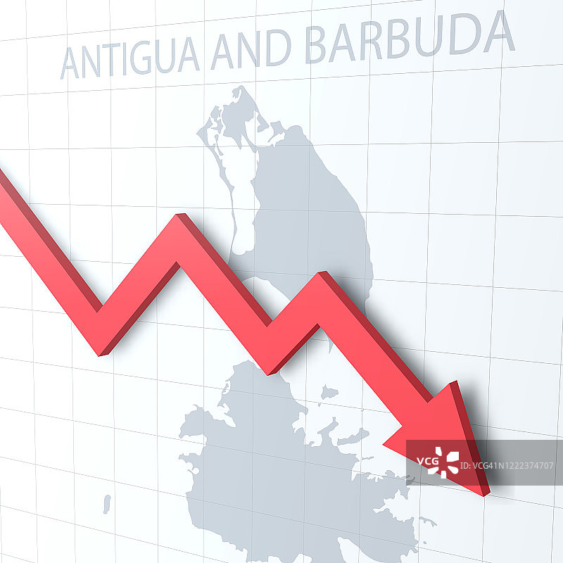 下落的红色箭头，安提瓜和巴布达地图为背景图片素材