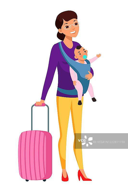 矢量人物插图的母亲旅行与婴儿在吊带图片素材