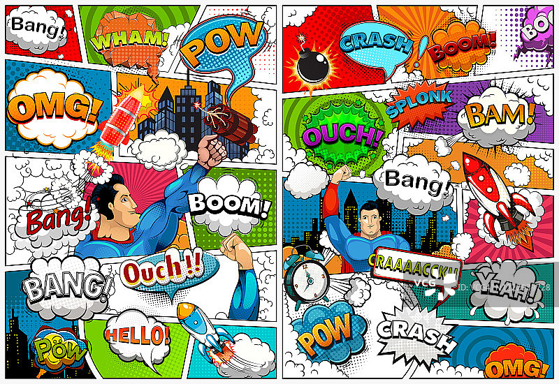漫画页模板分为台词气泡，火箭，超级英雄和声音效果。复古的背景模型。插图图片素材