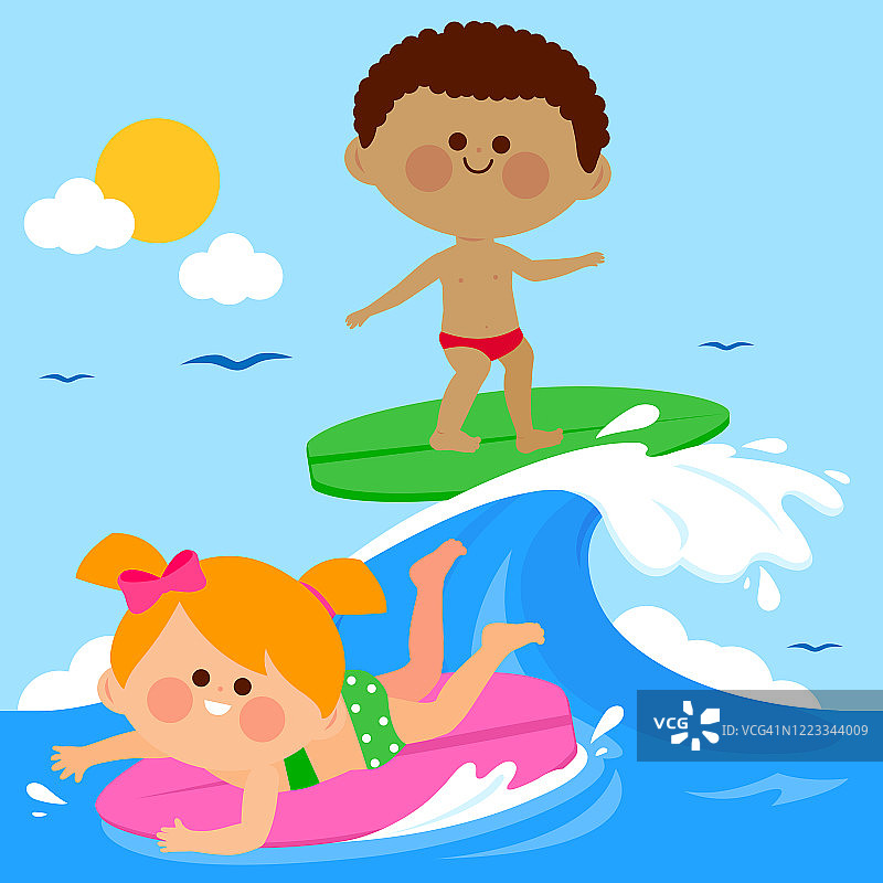 孩子们在海浪上冲浪。矢量图图片素材