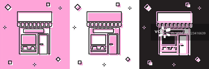 设置购物大楼或市场商店图标孤立在粉红色和白色，黑色背景。店建设。矢量图图片素材