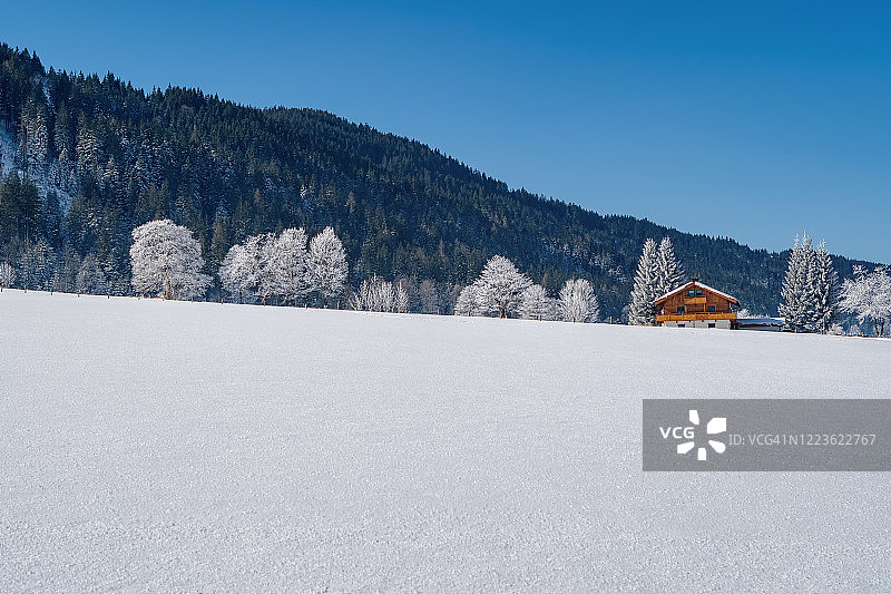 美丽的冬季仙境般的山景和阿尔卑斯山的传统山小屋。Leogang,奥地利蒂罗尔图片素材