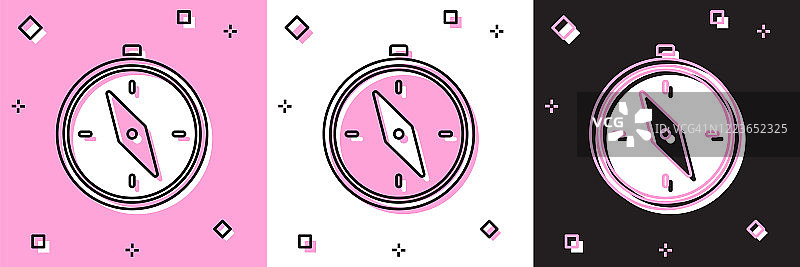 设置指南针图标隔离在粉红色和白色，黑色背景。Windrose导航的象征。风向玫瑰图信号。矢量图图片素材