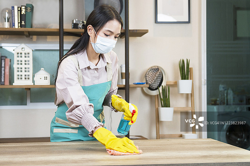 一个女人在打扫和消毒她家里所有的表面图片素材