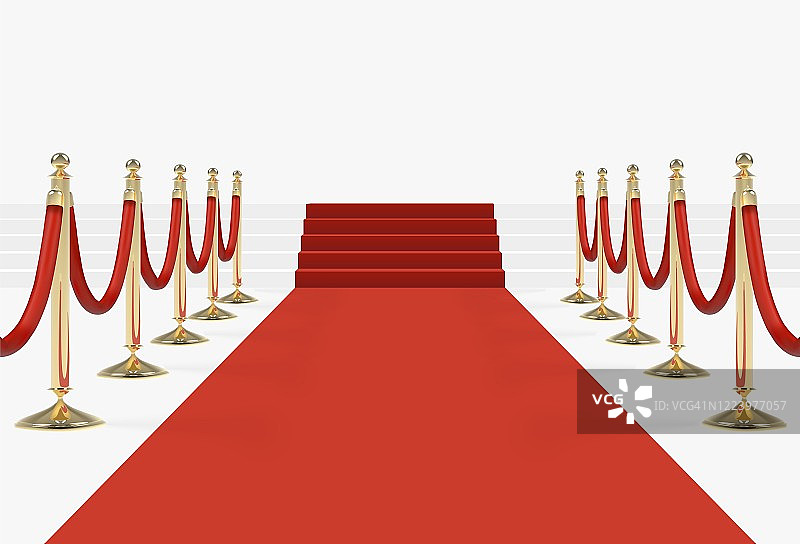 楼梯上铺着红地毯，金支柱上有红绳子图片素材