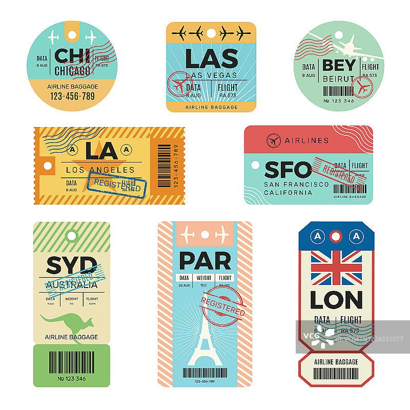 行李标签。怀旧票旅行行李飞机贴纸与邮票矢量设计模板图片素材