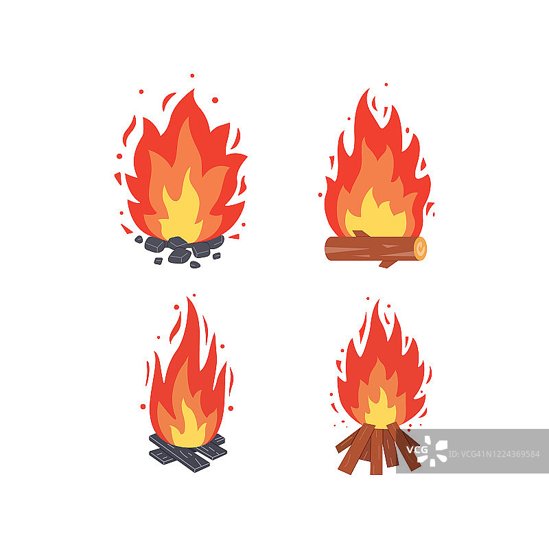 篝火不同类型。向量燃烧的篝火框架。野营火集合。壁炉与火煤炭或木柴在卡通风格设置。图片素材