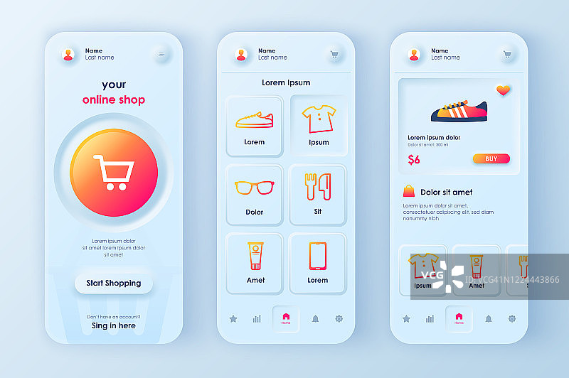 网上购物独特的新物化设计套件，适用于手机app的新物化风格。购物平台屏幕上有产品。互联网市场用户界面，用户体验模板集。图片素材