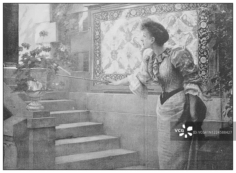 19世纪的古董名画:罗赛特·格兰杰的《追逐蝴蝶的少女》图片素材