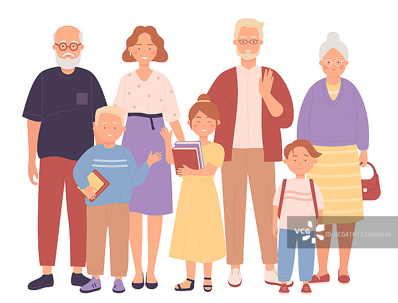 三代幸福美满家庭平面人物矢量插图概念图片素材