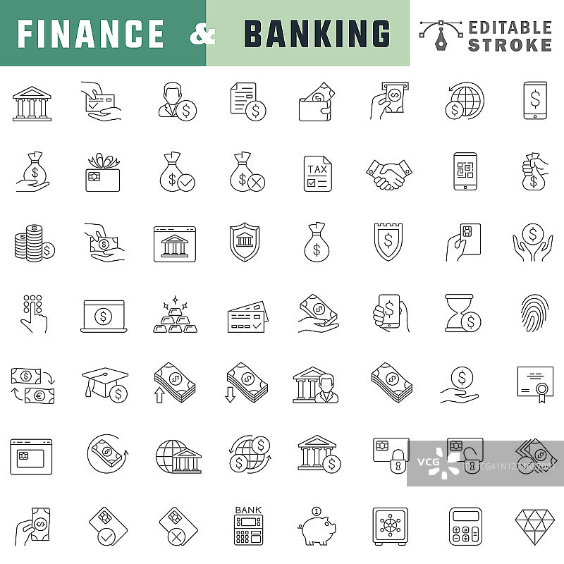 金融和银行线图标设置。可编辑的中风。图片素材