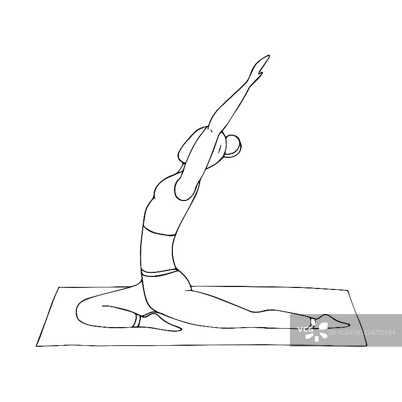 一个小女孩在练习哈他瑜伽。印度文化。体操、健康的生活方式。涂鸦风格。黑白矢量插图。手绘，孤立在白色背景上图片素材