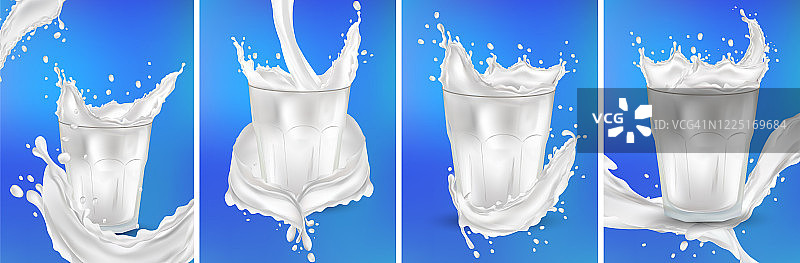 牛奶在透明的玻璃杯里。在蓝色背景上泼牛奶。鸡尾酒牛奶。逼真的新鲜牛奶飞溅。3 d演示。图片素材