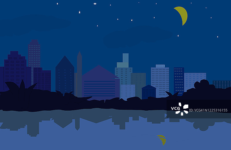 现代城市夜晚摩天大楼的剪影与水河与经典的蓝色背景反射。图片素材
