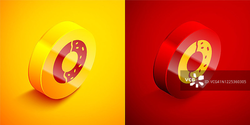 等距甜甜圈与甜釉图标孤立在橙色和红色的背景。圆按钮。矢量图图片素材