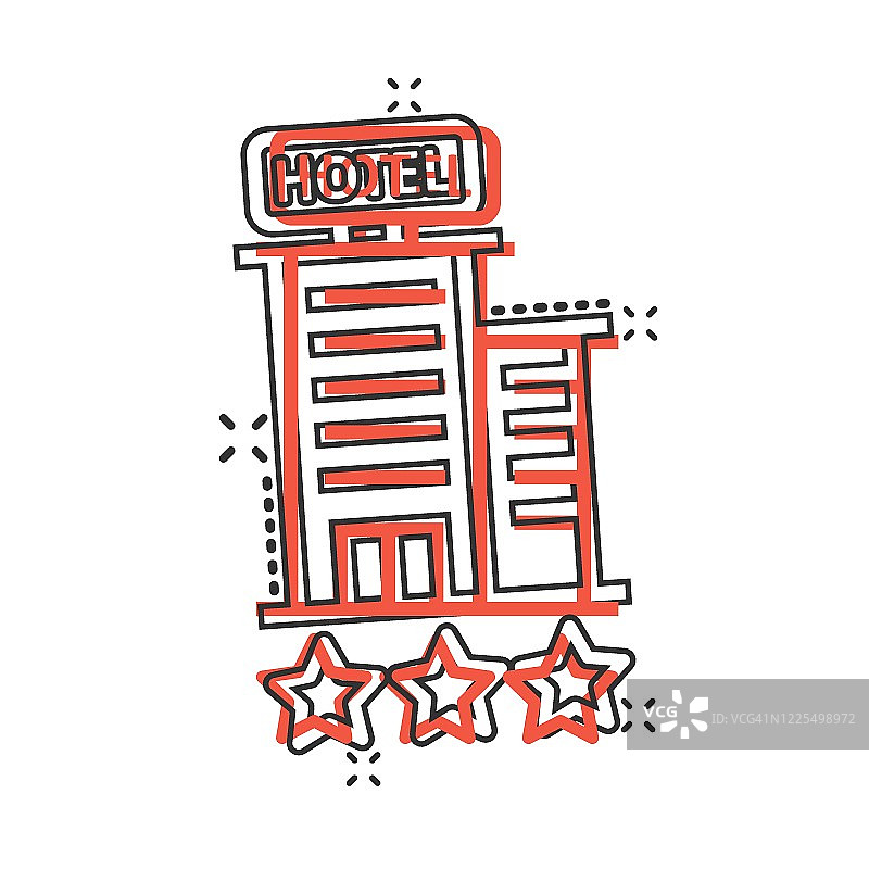 酒店3星级标志的漫画风格图标。客栈建筑卡通矢量插图上白色孤立的背景。酒店客房喷溅效应经营理念。图片素材