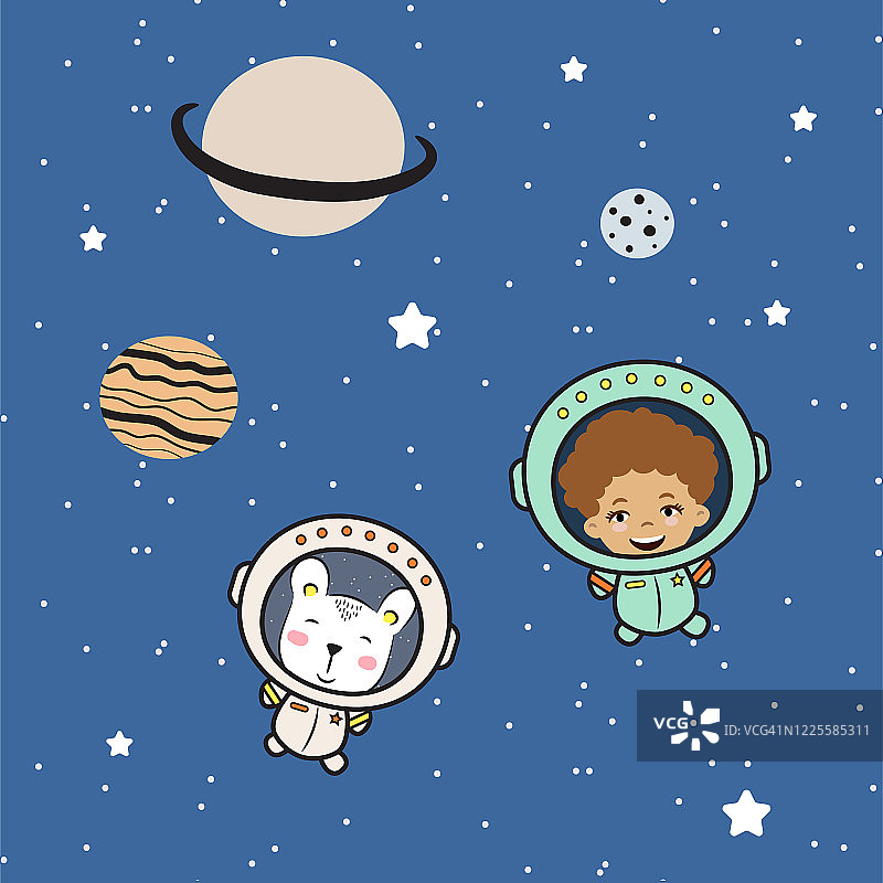 可爱的男孩宇航员和小熊卡通可爱的孩子插图矢量。图片素材