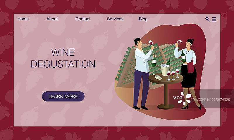 侍酒师品酒，站在桌边，以酒窖为背景。网站概念，登陆页面设计模板图片素材