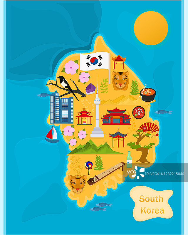 韩国矢量地图与国家符号和传统建筑。图片素材