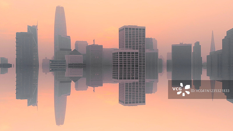 创意旧金山天际线与镜面效果和日落天空从无人机的观点。图片素材